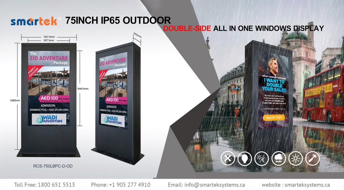 smarteksystems's tweet photo. Get your hands at the 75 inches IP65 outdoor double-sided all in one window display at Smartek Systems. Attract maximum customers and double your sales in a jiffy!

#windowdisplay #smartscreen #advertisewithus #smartek #trustedbrand https://t.co/lybj7pQYKq