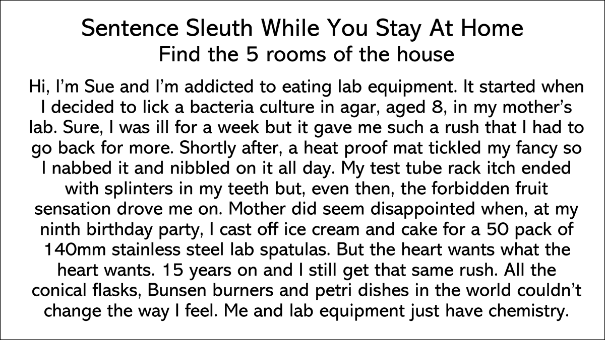 QuizzesByHugo's tweet photo. Sentence Sleuth 4: Find the 5 rooms of the house. https://t.co/ikphHjJX9I