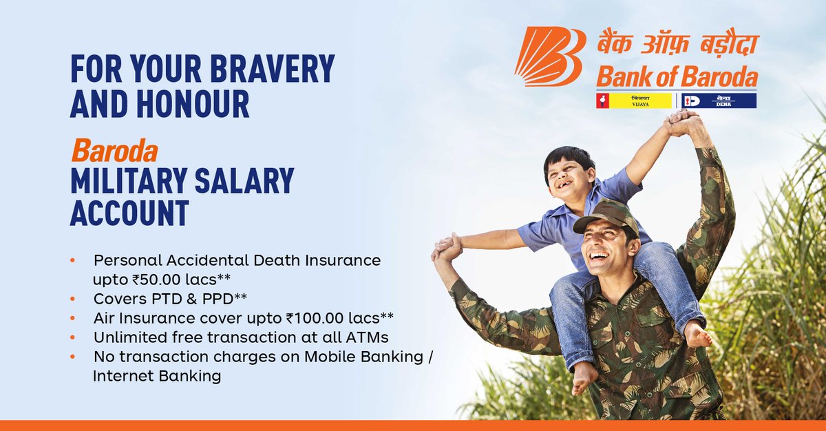 We salute all the efforts you take to keep our country safe and secure. #BankofBaroda too wants to keep your money safe with the Baroda Military Salary Package. Keep your money secure and protected with our saving scheme. Know more bit.ly/MilitarySalary…