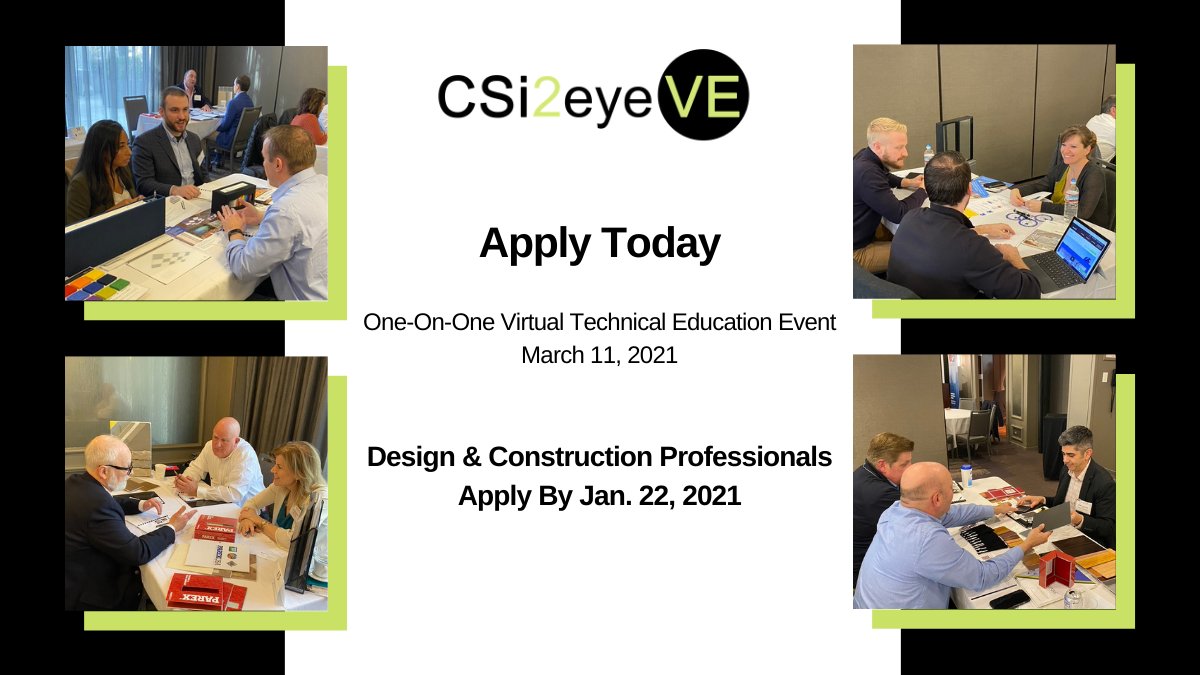 Architects, Consultants, Contractors &amp; Specifiers apply by 1/22 to attend CSi2eye VE 2021.  You can meet with 1-on-1  our diverse line up of manufacturers to learn about new innovative products &amp; get your technical questions answered. ow.ly/w4Jh50CRndf
#csi2eye #csichicago