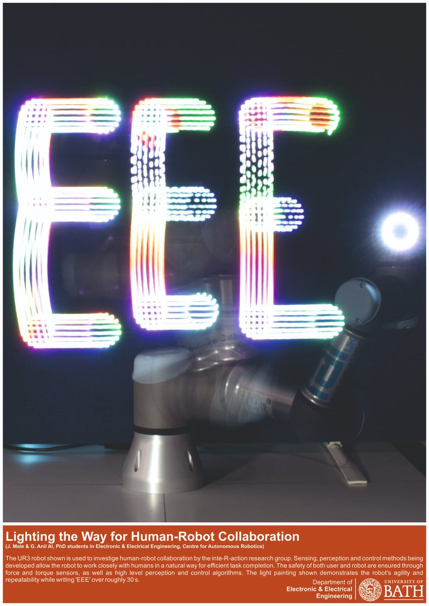 Congratulations to PhD students @jamesmale9 and Gorkem Anil, of the Inte-R-action research group (multimodalinteractionlab.wordpress.com) who have been awarded 1st runner-up of the competition with their image “Lighting the way for human-robot collaboration”! 

Stay tuned for more unique work!