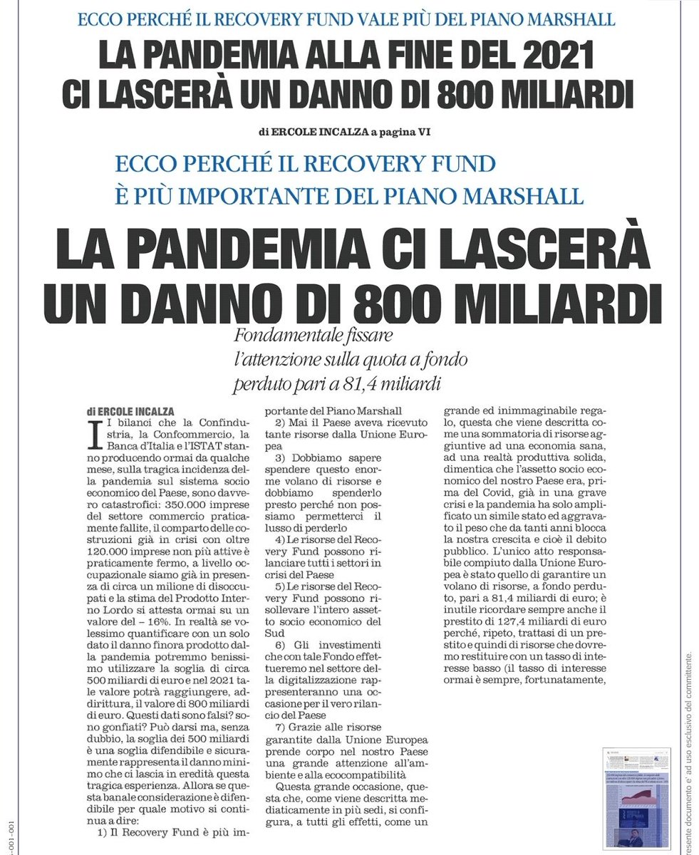 AnnaOvidi's tweet photo. La #pandemia ci lascerà un danno di 800 miliardi #Oggi #7gennaio #rassegnastampa #Incalza #Sud #Italia #Governo #Conte #Provenzano #Patuanelli #Gualtieri #DeMicheli #Renzi #M5S #redditodicittadinanza #RecoveryFund #RecoveryPlan @IlQuotidianodelSud https://t.co/a8q7OVouSW