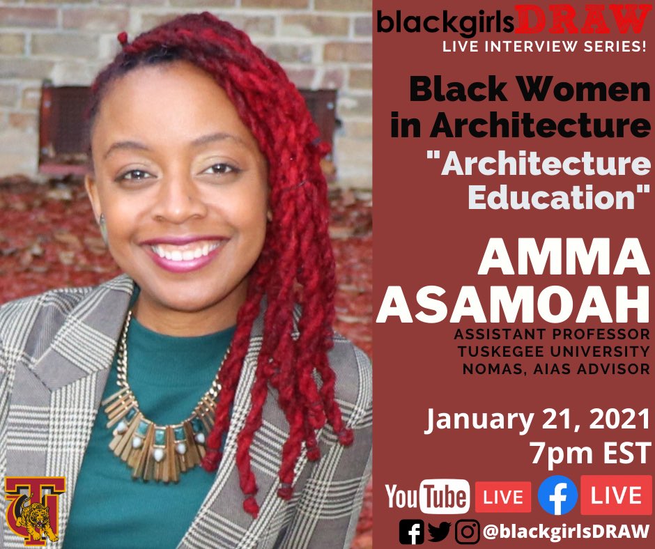 blackgirlsDRAW’s “Black Women in Architecture” will discuss architecture education with Amma Asamoah @flocreativestudio, Assistant Professor with the Robert R. Taylor School of Architecture Tuskegee Univ. Follow the link in our bio to find our Facebook page and YouTube channel.