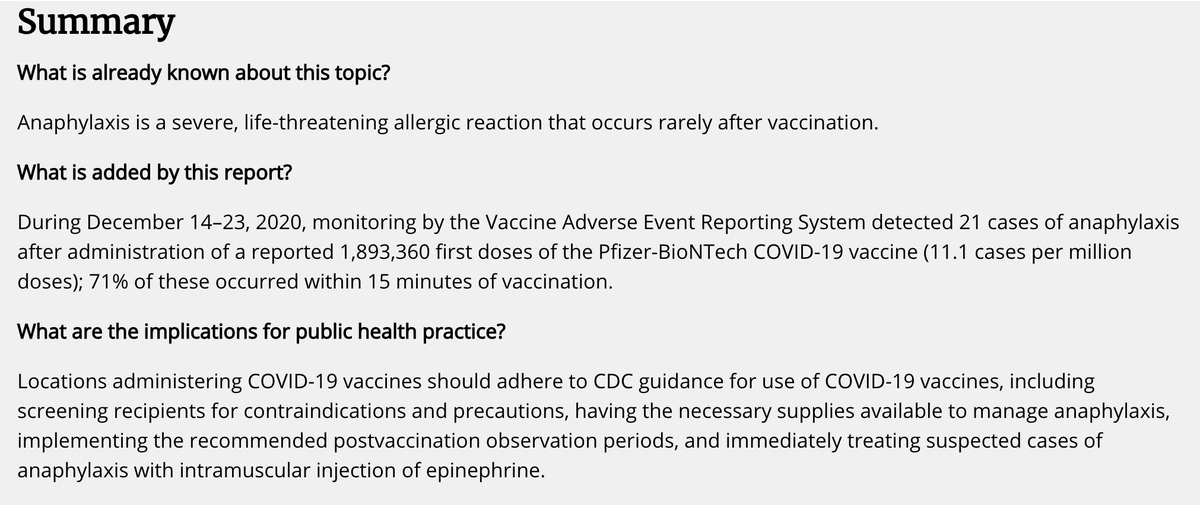 Reassuring allergy news from first 2 million  #COVIDVaccine doses in U.S.Anaphylaxis very rare: Reported in 11 out of a million doses. No identifiable cause or confirmation (lots of speculation). No common signals from recipient history.Full report:  https://www.cdc.gov/mmwr/volumes/70/wr/mm7002e1.htm?s_cid=mm7002e1_w#F1_down