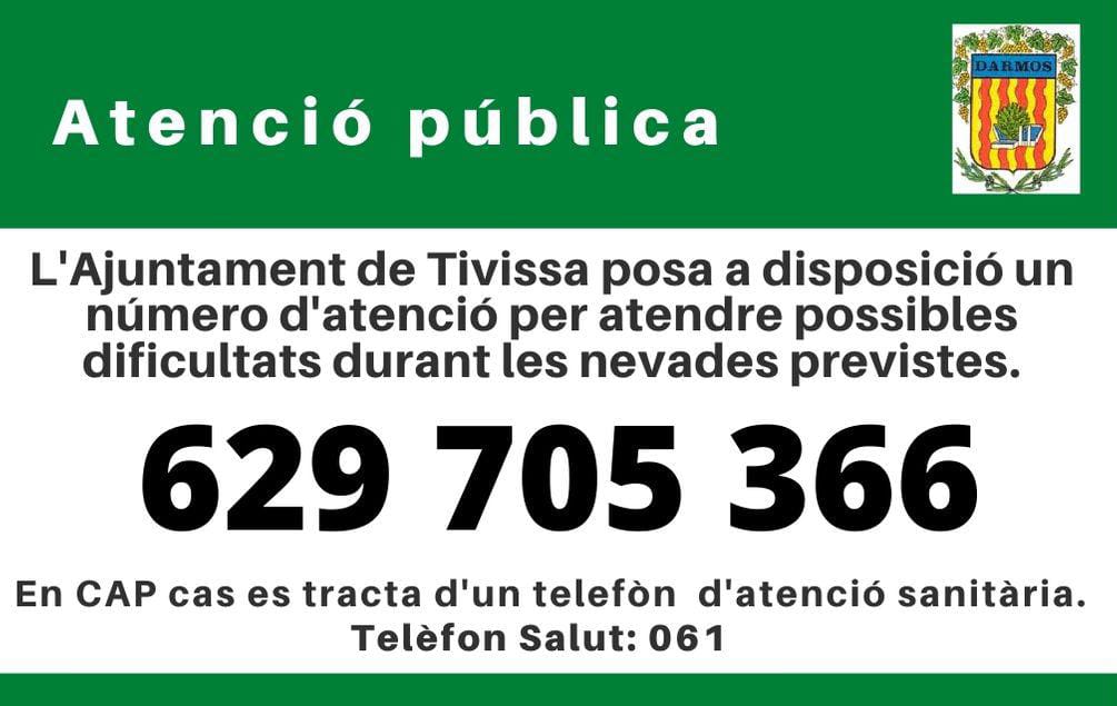 ATivissa's tweet photo. 🌨���L'Ajuntament comunica que a causa de nevades, cal extremar les precaucions:
🏠 A casa fem un bon ús dels aparells de calefacció
❄️ Col·laborem en la neteja de les voreres de davant de casa
🧤 Abrigueu-vos per sortir
☎️En cas d'urgència: 629 70 53 66
#Darmos #precaució https://t.co/cTV0Yzmh5s