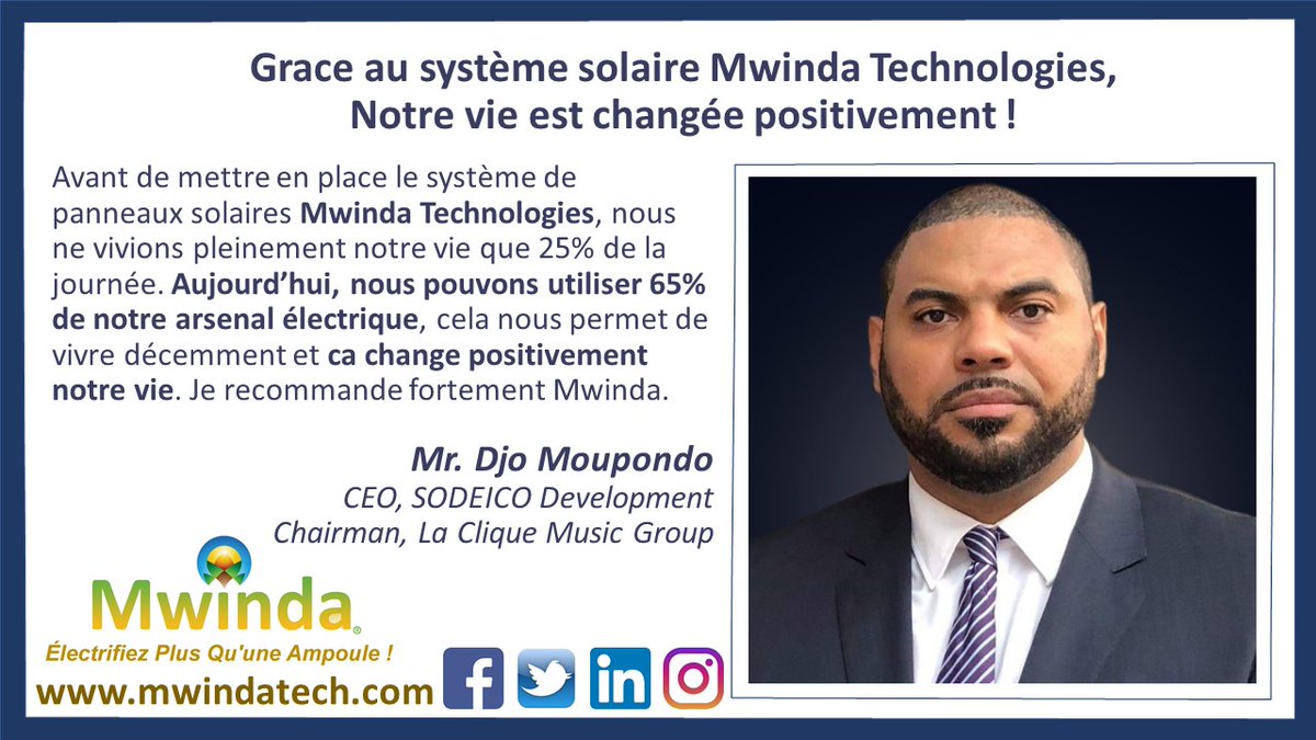 Excellente qualité, très abordable, excellent service clientèle, expertise technique. Voici ce que les clients de Mwinda Technologies disent de nos solutions d’énergies renouvelables et d’inclusion financières. <a href="/Djofalanga/">Djo Falanga</a>