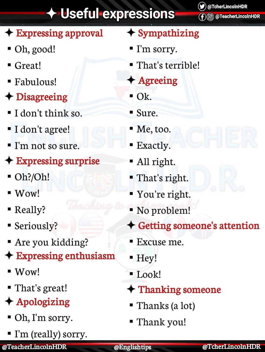 TcherLincolnHDR's tweet photo. Useful expressions
#expressingapproval #approval #disagreeinginenglish #disagreeing #expressingsurprise #surprise #expressingenthusiasm #enthusiasm #apologizinginenglish #apologizing #sympathizing #expressingsympathy #agreeinginenglish #agreeing #thankingsomeone https://t.co/qktBG6aiRQ