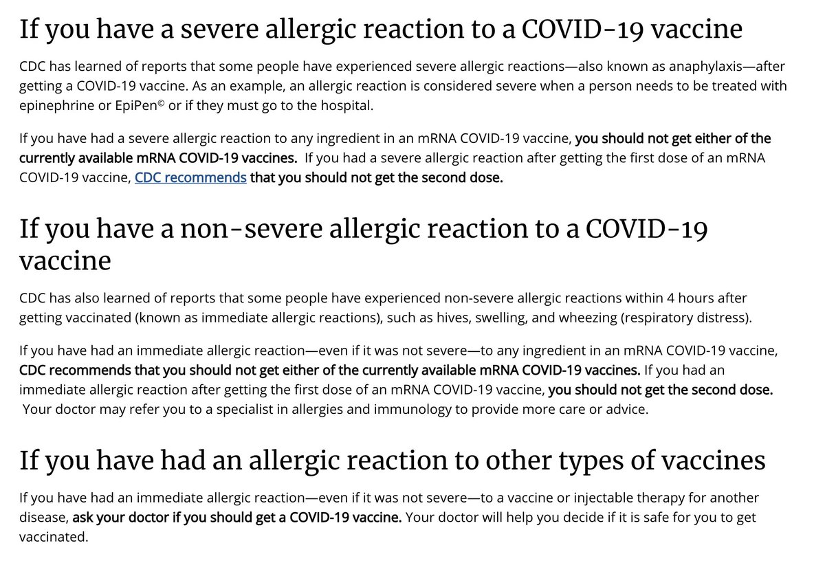 If you have a history of food, medication, venom, environmental allergies - you CAN safely receive current  #COVID19 vaccines.Only those with confirmed allergic reactions to 1st dose of vaccine or PEG/polysorbate (exceptionally rare) should avoid https://www.cdc.gov/coronavirus/2019-ncov/vaccines/safety/allergic-reaction.html