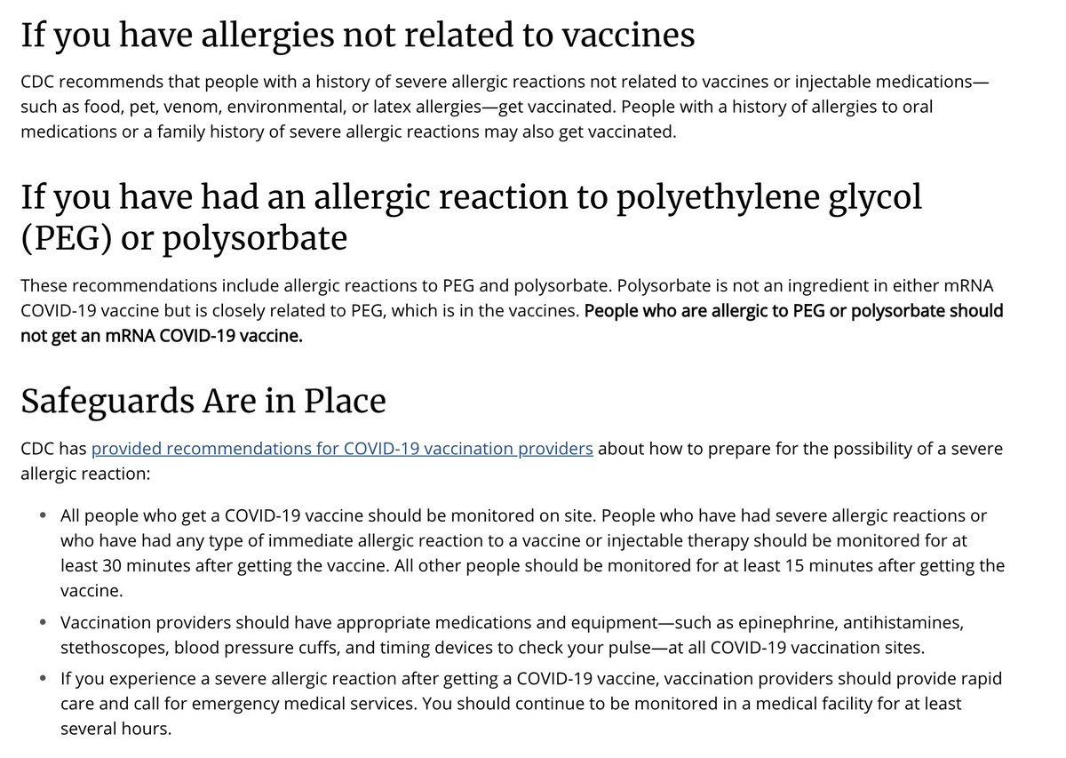 If you have a history of food, medication, venom, environmental allergies - you CAN safely receive current  #COVID19 vaccines.Only those with confirmed allergic reactions to 1st dose of vaccine or PEG/polysorbate (exceptionally rare) should avoid https://www.cdc.gov/coronavirus/2019-ncov/vaccines/safety/allergic-reaction.html