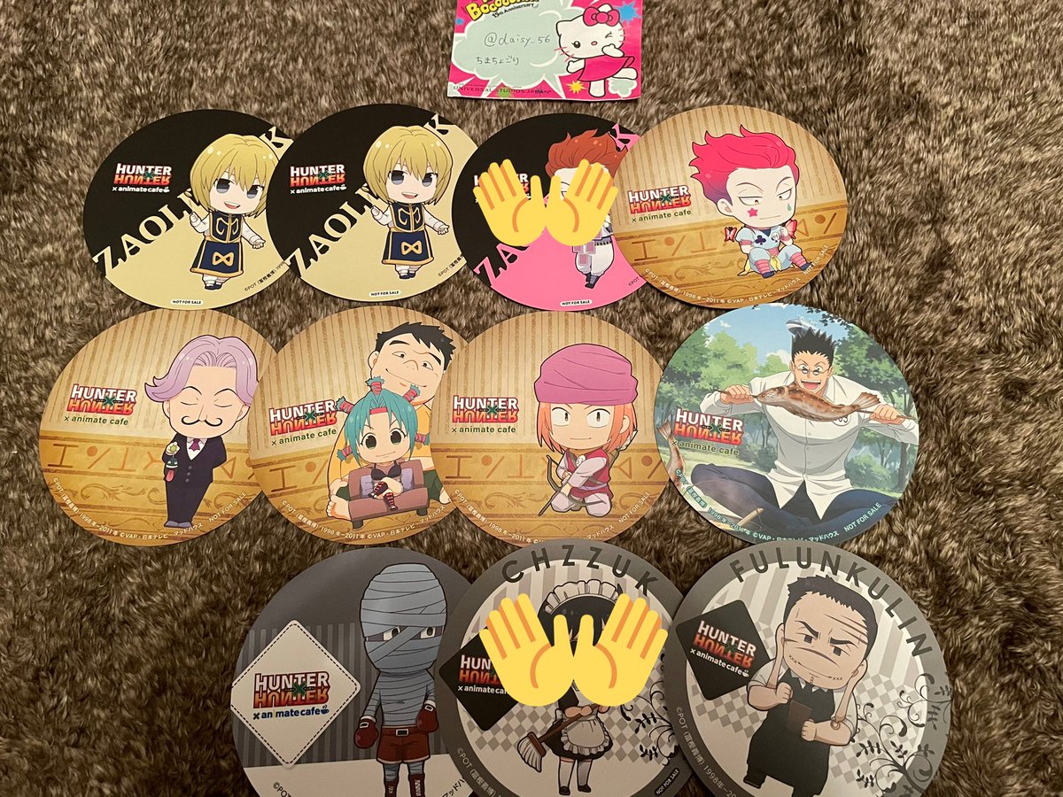 ちまちょごり ハンターハンター アニカフェ 交換 譲渡 譲 アクスタ ゴン ヒソカ クラピカ パーム ポンズ サトツ 缶バッジ ポックル メンチ ブハラ ハンゾー フォトカード クラピカ3種 レオリオ ゴン 箔押しカード ノブナガ イルミ クラピカ