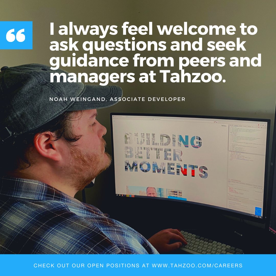 Tahzoo's tweet image. "My favorite aspect of working at Tahzoo is the comfort yet focused environment, helpful peers and managers, and open-door policy." 
Want to experience working at Tahzoo?tahzoo.com/careers
#AssociateDeveloper #TahzooCareers #WorkExperience #InternshipProgram #2020Intern