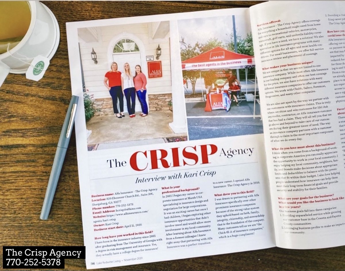 TheCrispAgency's tweet photo. In November, we were featured in an issue of Lake Redwine Living. Kari was interviewed and able to share her passion for Alfa Insurance and the community. 

In the next two weeks, we will be posting more about “Getting to Know Your Agents,” so stay tuned! https://t.co/IfDz3rFoDa