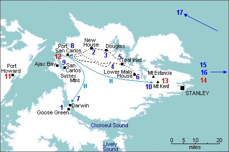 I instigated an Exercise called Fond Memory (still going decades later). This was a march, yomp, tab (delete as required) accross East Falkland from Port San Carlos Water to Stanley via Douglas and Teal Inlet settlements. A distance of around 110 km/68 miles across boggy ground