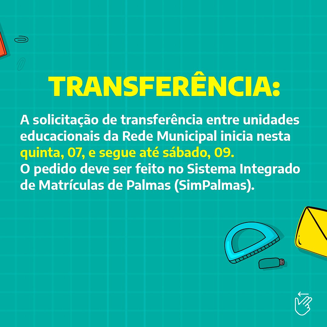 cidadepalmas's tweet photo. Anota aí📝

A solicitação de transferência de alunos para outra escola na rede municipal encerra neste sábado, 09, e deve ser feito pelo Sistema Integrado de Matrículas de Palmas (SimPalmas).

Fique ligado 😉

Confira: https://t.co/txgI7JzRD8 https://t.co/xVKeT0aGuq
