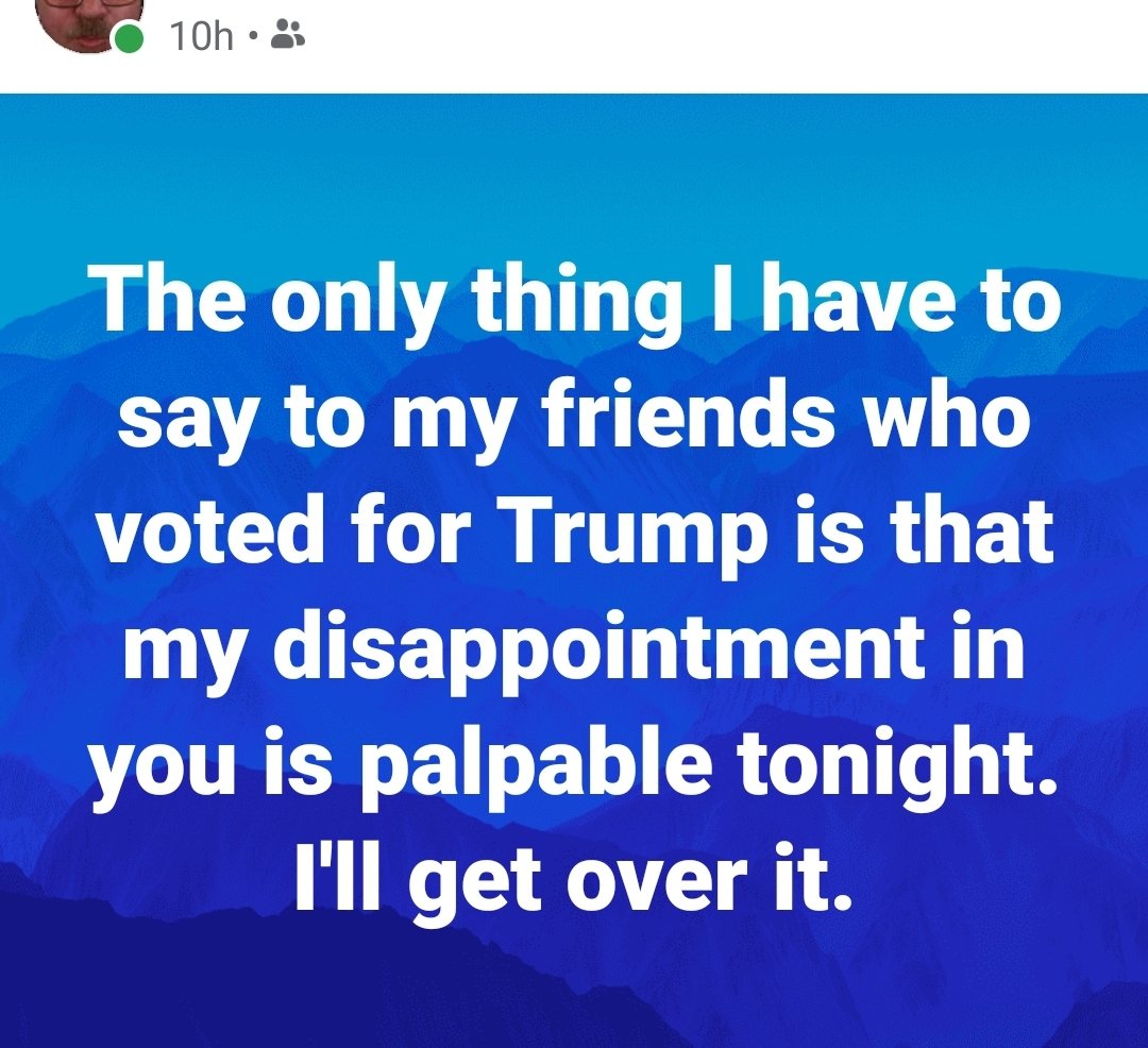 RevDrAnansi's tweet photo. Its kinda funny seeing my liberal friends gently chiding their conservative friends. "Disappointed"? Really? But you'll get over it?

Why does anyone tolerate people who voted for Trump in 2020? https://t.co/nGQ9HCDihI
