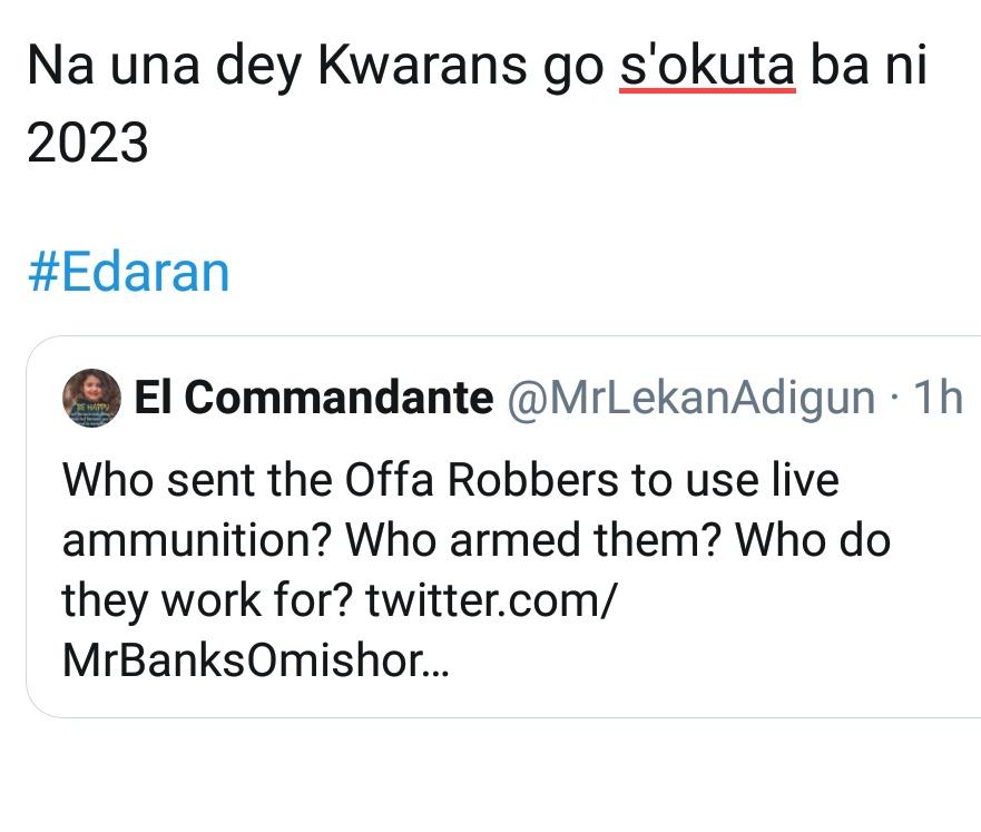 Jani4Tijani's tweet photo. Ask una Stammering Former IG @PoliceNG n @RealAARahman n @AlhLai_Mohammed o
#OffaRobbery was same time as d trio were supposedly commissioning mopol barracks in same Offa o? malice aforethought much, mens rea n actus reus kwa
Na una dose Kwarans go s'okuta ba ni 2023
#Edaran https://t.co/79Z9FWvUth
