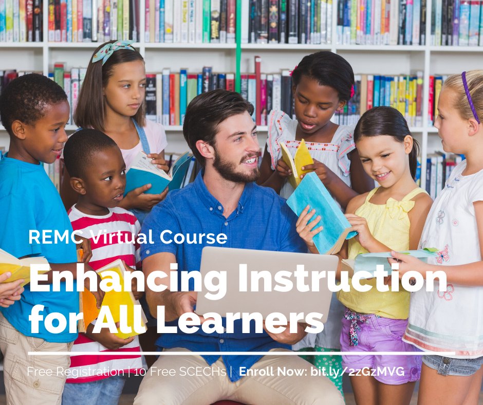 FREE Virtual Course: Enhancing Instruction for All Learners. Identify basic universal design principles, differentiated instruction, and best practice teaching strategies to enhance lessons &amp; classroom activities. Begins 2/1. 10 free SCECHs. Register now: bit.ly/2WTpEu9