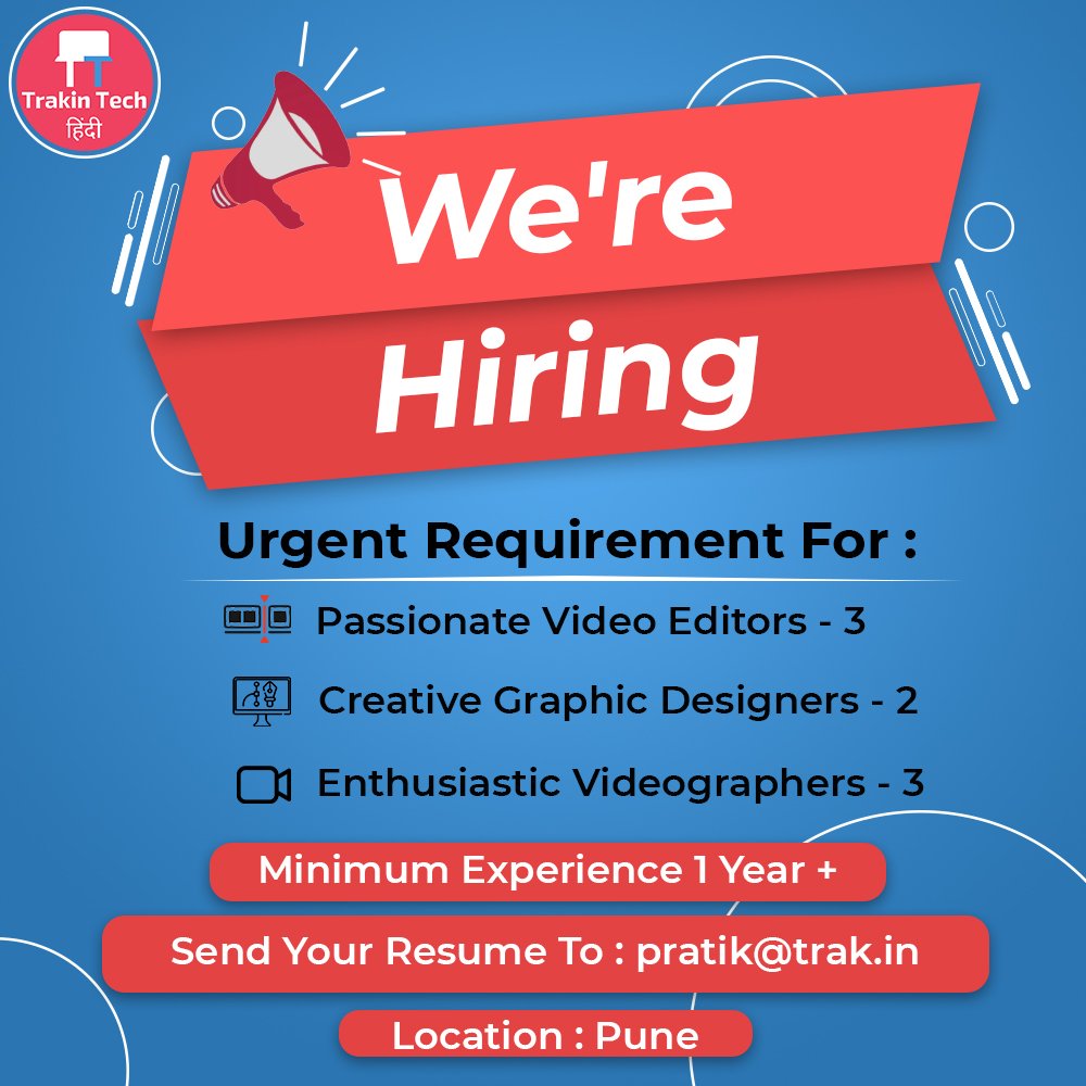 TrakinTech (@trakintech) on Twitter photo We're Hiring At Trakin Tech ⚡
Looking For Candidates To Fill The Following Positions :
• Passionate Video Editors
• Creative Graphic Designers
• Enthusiastic Videographers
To Apply Send Your Resume At : pratik@trak.in
RT's Will Be Appreciated. We're Hiring At Trakin Tech ⚡
Looking For Candidates To Fill The Following Positions :
• Passionate Video Editors
• Creative Graphic Designers
• Enthusiastic Videographers
To Apply Send Your Resume At : pratik@trak.in
RT's Will Be Appreciated.