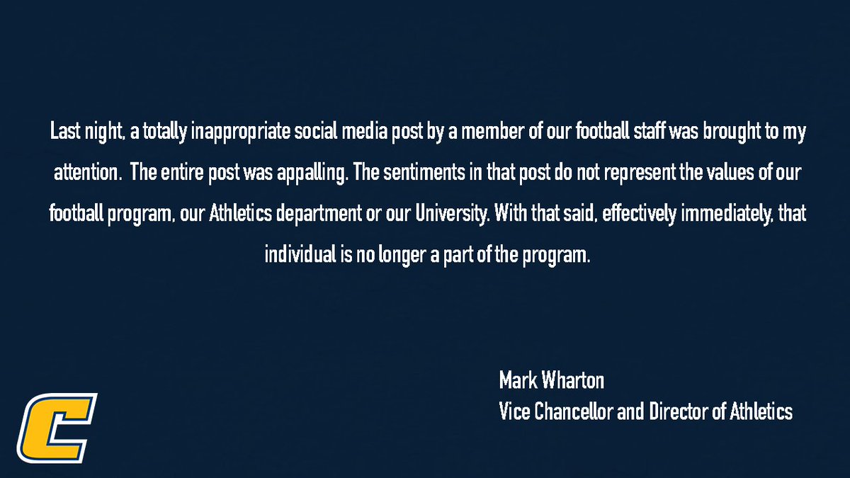See below for statements from <a href="/MWharton_MocsAD/">Mark Wharton</a> and <a href="/GoMocsFB/">Chattanooga Football</a> head coach <a href="/CoachRustyW/">Rusty Wright</a>.