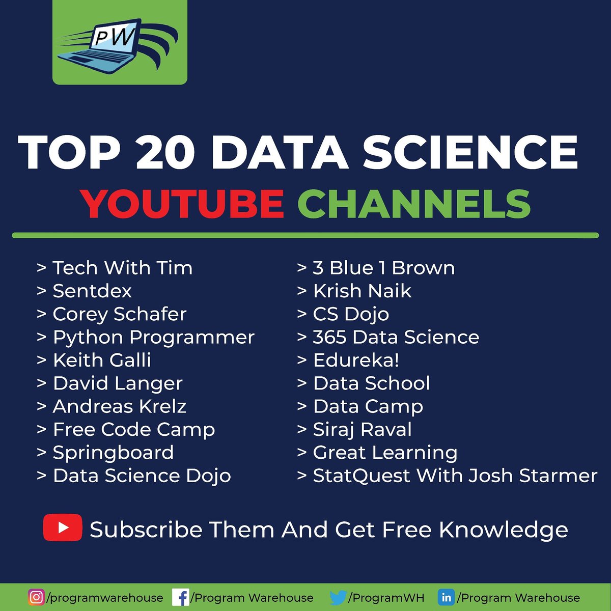 Top 20 Data Science YouTube Channel
Grab the free knowledge from them 
Follow us for more such content 
.
.
#youtubechannels #datascience #freeknowledge #technology #tech #machinelearning #python #developer #coder #coding #artificialinterlligence #ai #bigdata #programwarehouse