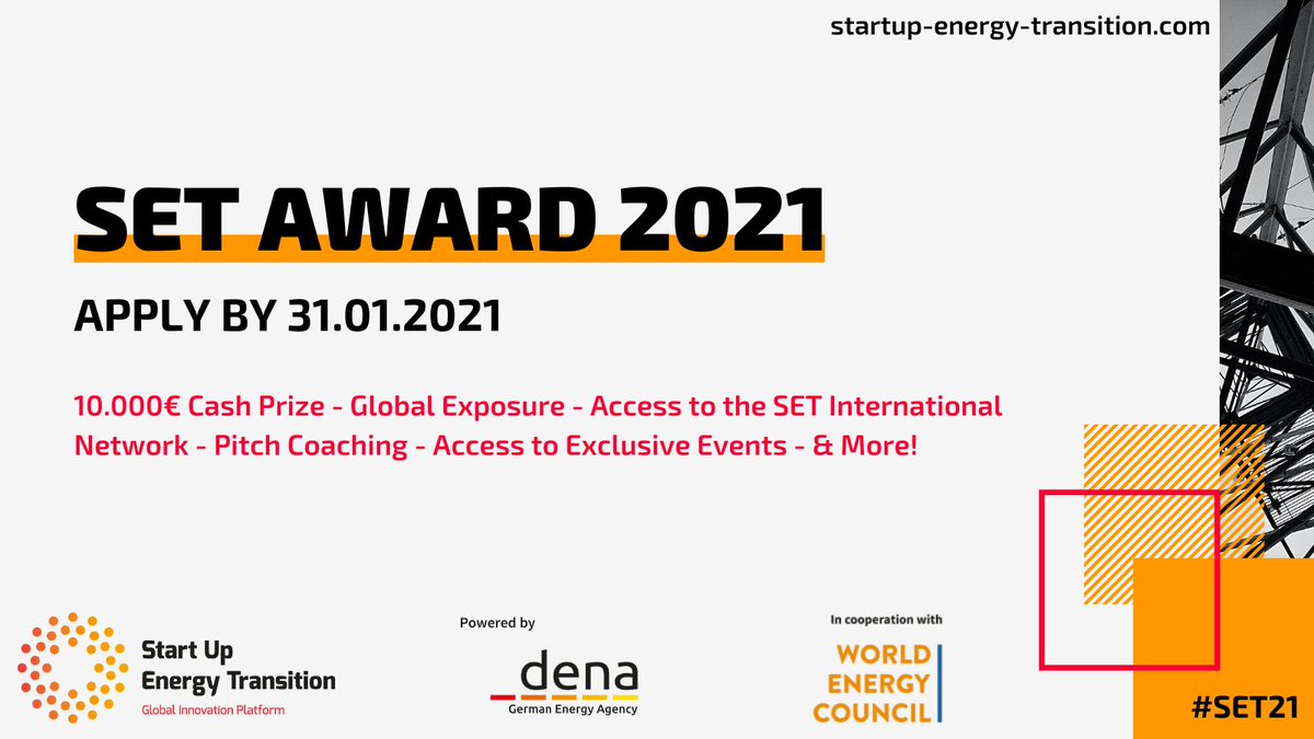 GierlingTobias's tweet photo. Do you have an innovative start-up? Do you want to grow internationally?🌍 Apply for the @StartUpGET #SET21 Award by 31.01.21 and become one of the top 5 energy start-ups of 2021! 10K€ cash prize, access to the SET global network &amp; more!👉 https://t.co/UDEOQCkKos https://t.co/ORu1hhvVX8