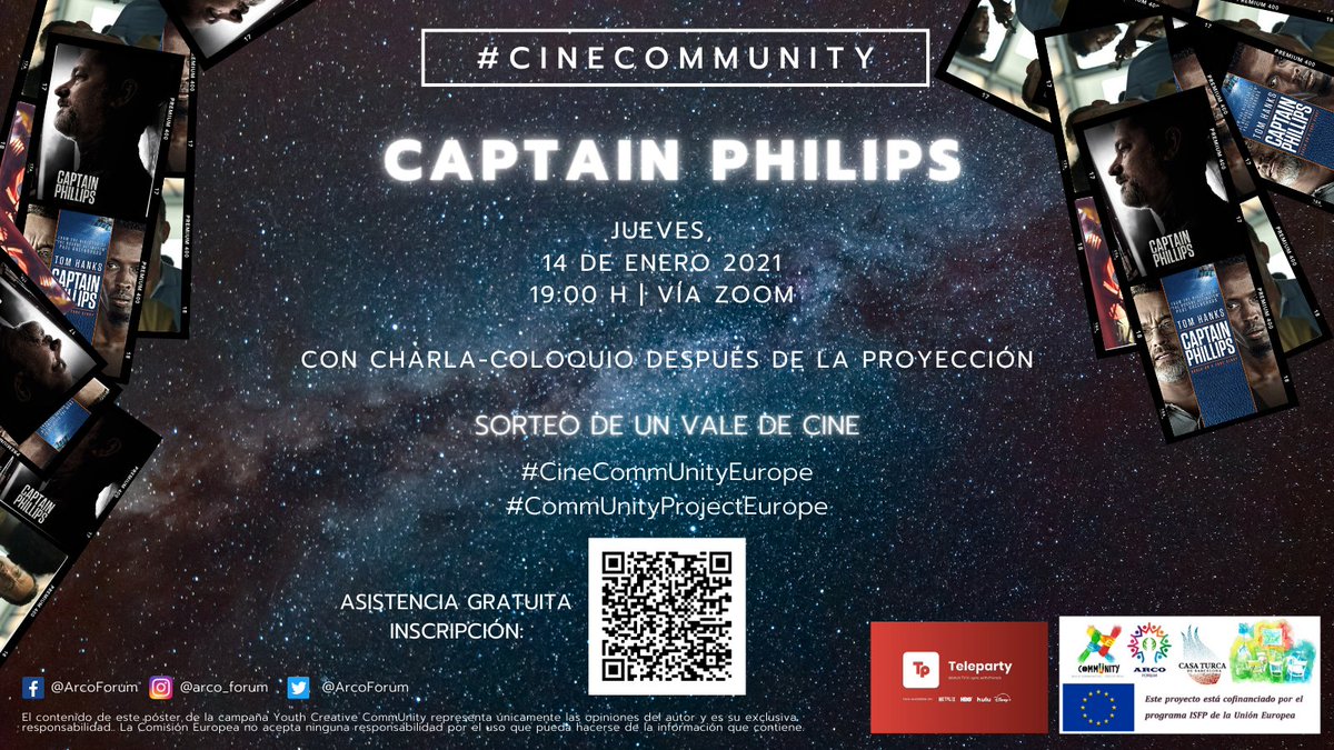 ArcoForum's tweet photo. 🗣️El próximo jueves, 14.01.2021, a las 19:00 hrs Arco Forum en colaboración con Casa Turca de Barcelona proyectará la película #CaptainPhillips con las plataformas de Zoom y Netflix.
✏️Para inscribirte rellena el siguiente formulario: ⬇️https://t.co/awIgRNlDJQ
#CineCommUnity https://t.co/fC0KBuScrB