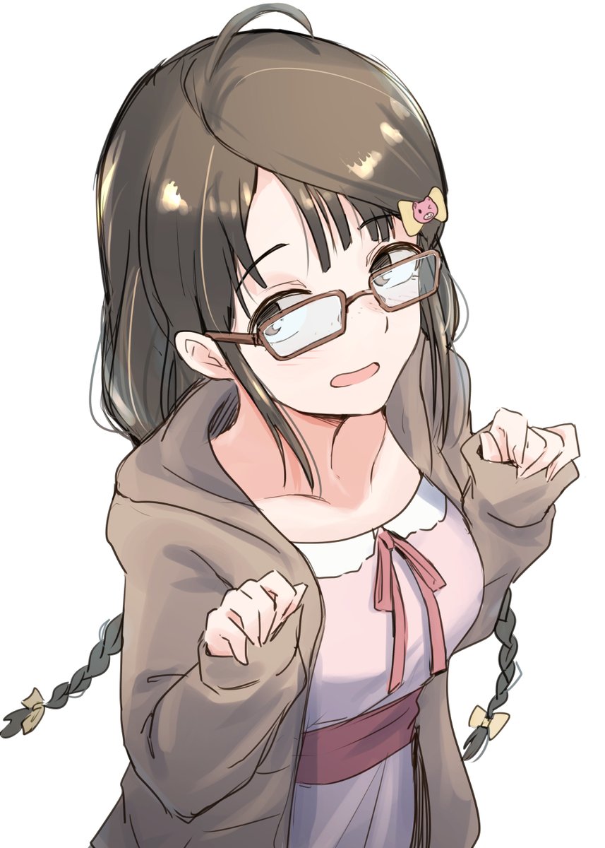1girl solo glasses braid twin braids white background brown eyes  illustration images