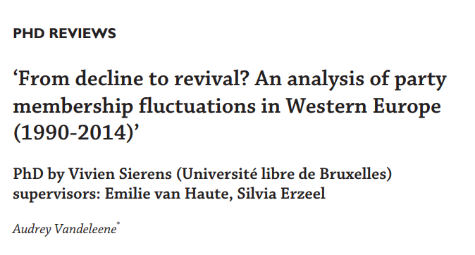 PolLowCountries's tweet photo. "Audrey Vandeleene
@AudreyVdleene ‘ reviews
‘From decline to revival? An analysis of party membership fluctuations in Western Europe (1990-2014)’ PhD by Vivien Sierens #PhDReview https://t.co/v73JBONG5i" https://t.co/mvzvQssHEz