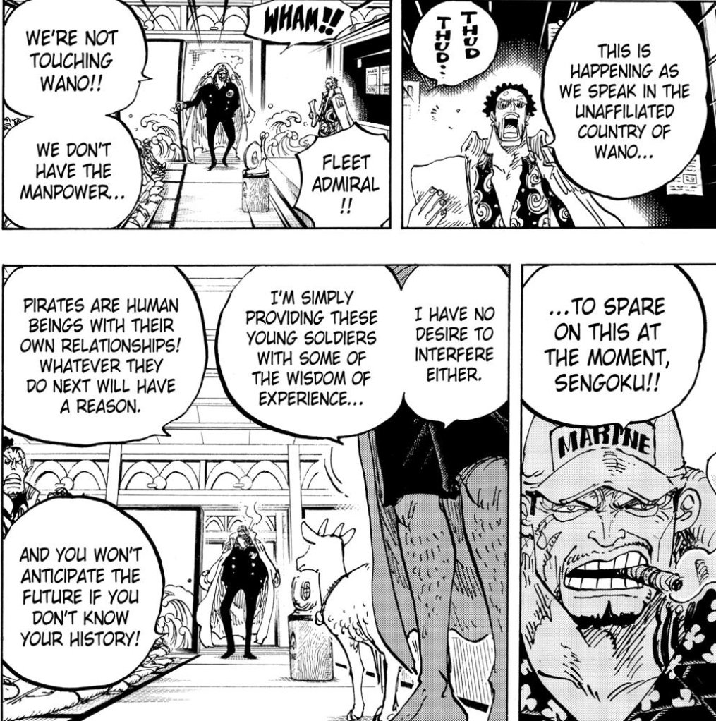 Fuji says in 997 "let's just put our trust in SSG to do it's job" this is referring to them taking over as the next great power. Also in 997 Akainu says "we don't have the manpower to spare on Wano", we know Fuji & GB were preoccupied during reverie.