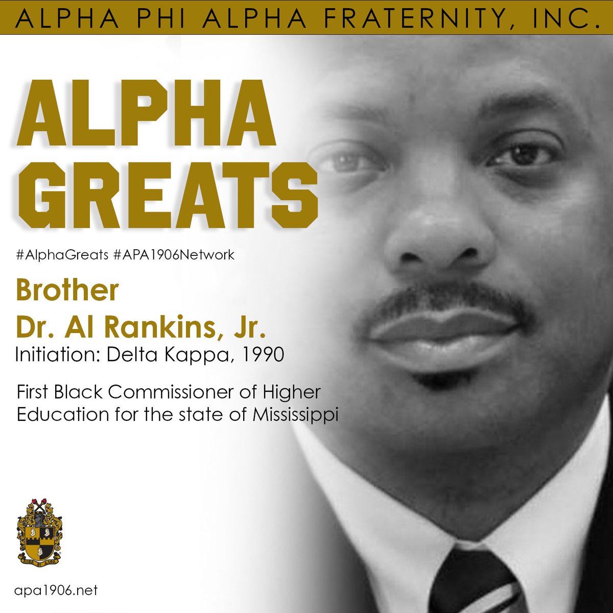 apa1906NETwork's tweet photo. Brother Dr. Al Rankins, Jr. is recognized as being the first Black Commissioner of Higher Education for the state of Mississippi.
#AlphaPhiAlpha #APA1906Network #ForThe7Jewels #ThereGoesAnAlphaMan #1906MakingHistory https://t.co/VfVeZrxApi