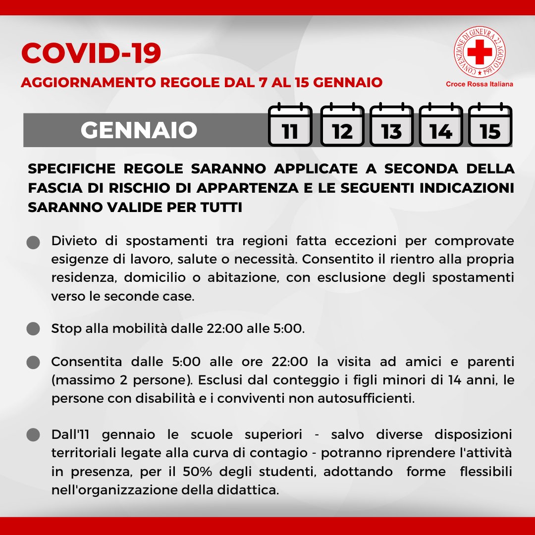 crocerossa's tweet photo. 📍Aggiornamento delle regole per il contenimento del #Covid19 dal 7 al 15 Gennaio 2021. Disposizioni valide su tutto il territorio nazionale. 👇 https://t.co/fh9dbTZkYB
