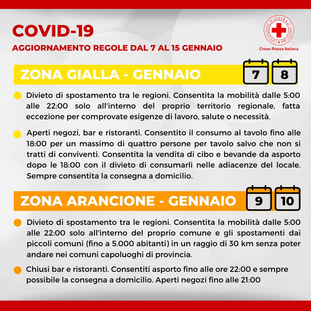 crocerossa's tweet photo. 📍Aggiornamento delle regole per il contenimento del #Covid19 dal 7 al 15 Gennaio 2021. Disposizioni valide su tutto il territorio nazionale. 👇 https://t.co/fh9dbTZkYB