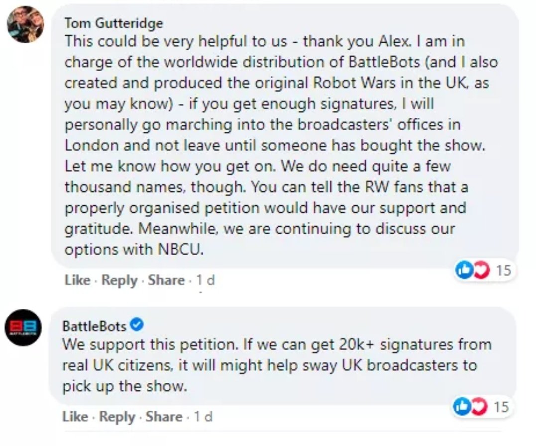 Monsoon - BattleBots (@monsoonrobot) on Twitter photo <a href="/BattleBots/">BattleBots</a> have shown their support with the latest petition to try and get Combat Robotics in some form back on UK screens.
If you're in the UK Sign & Retweet ❤
chng.it/QZPk5Jhwpq
#battlebots #robotwars #signandshare #petition <a href="/BattleBots/">BattleBots</a> have shown their support with the latest petition to try and get Combat Robotics in some form back on UK screens.
If you're in the UK Sign & Retweet ❤
chng.it/QZPk5Jhwpq
#battlebots #robotwars #signandshare #petition