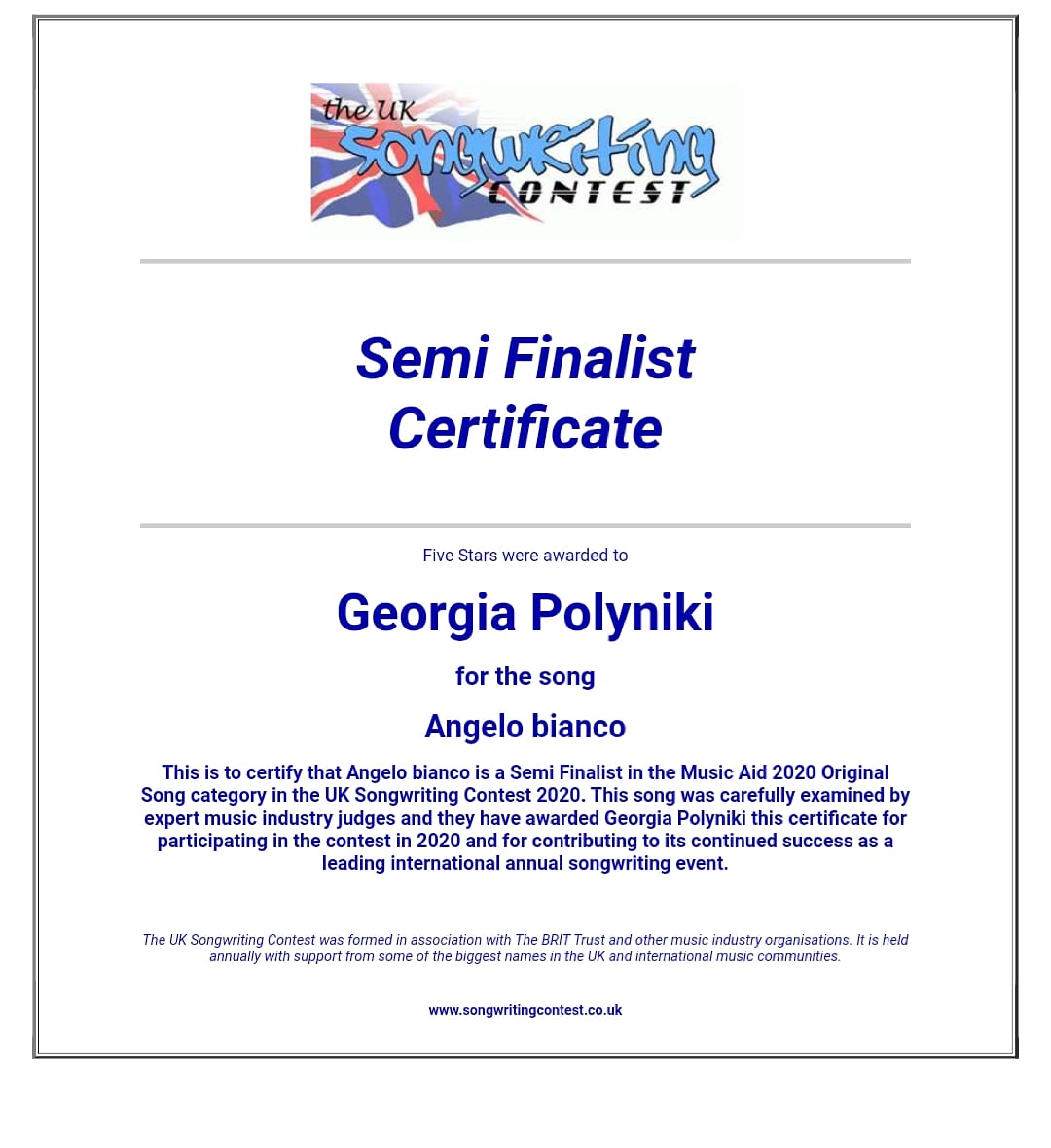 Georgia Polyniki on Twitter: "So happy that my #song Angelo Bianco made through Semi Finals and rated with 5 stars in the UK #songcompetition. The is big outside #Cyprus