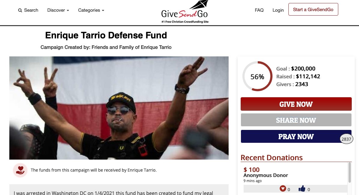 2/  @GiveSendGo is filled with fund raisers for violent hate groups like the Proud Boys, despite claiming to be a Christian crowdfunding site.And  @Stripe and  @WePay, despite prohibiting violent hate groups in their Terms of Service.Tell  @Stripe and  @WePay to honor their TOS.