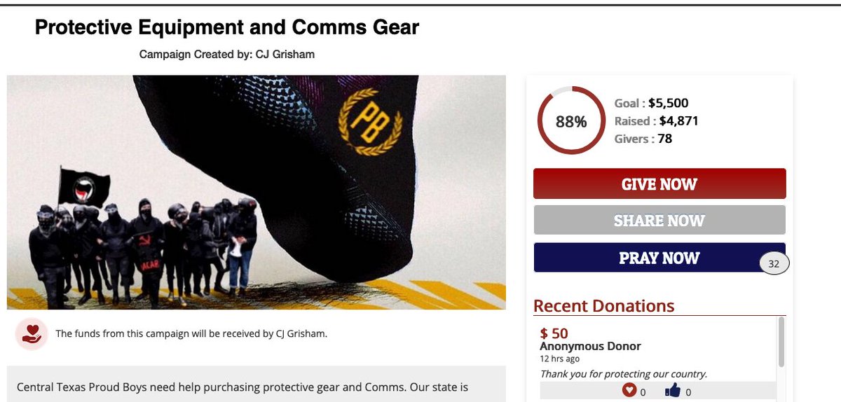 2/  @GiveSendGo is filled with fund raisers for violent hate groups like the Proud Boys, despite claiming to be a Christian crowdfunding site.And  @Stripe and  @WePay, despite prohibiting violent hate groups in their Terms of Service.Tell  @Stripe and  @WePay to honor their TOS.