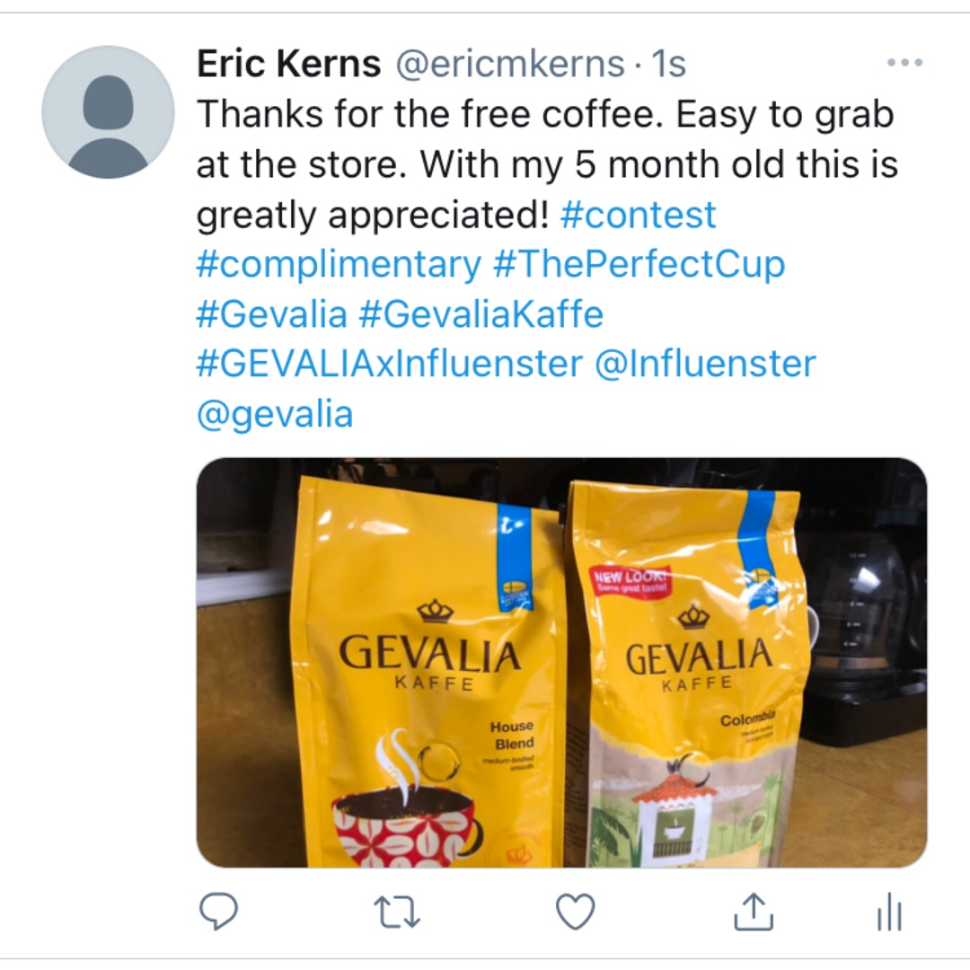 ericmkerns's tweet photo. Thanks for the free coffee.  Easy to grab at the store.  With my 5 month old this is greatly appreciated! #contest #complimentary #ThePerfectCup #Gevalia #GevaliaKaffe #GEVALIAxInfluenster @Influenster @gevalia https://t.co/ORPB8yN4sS
