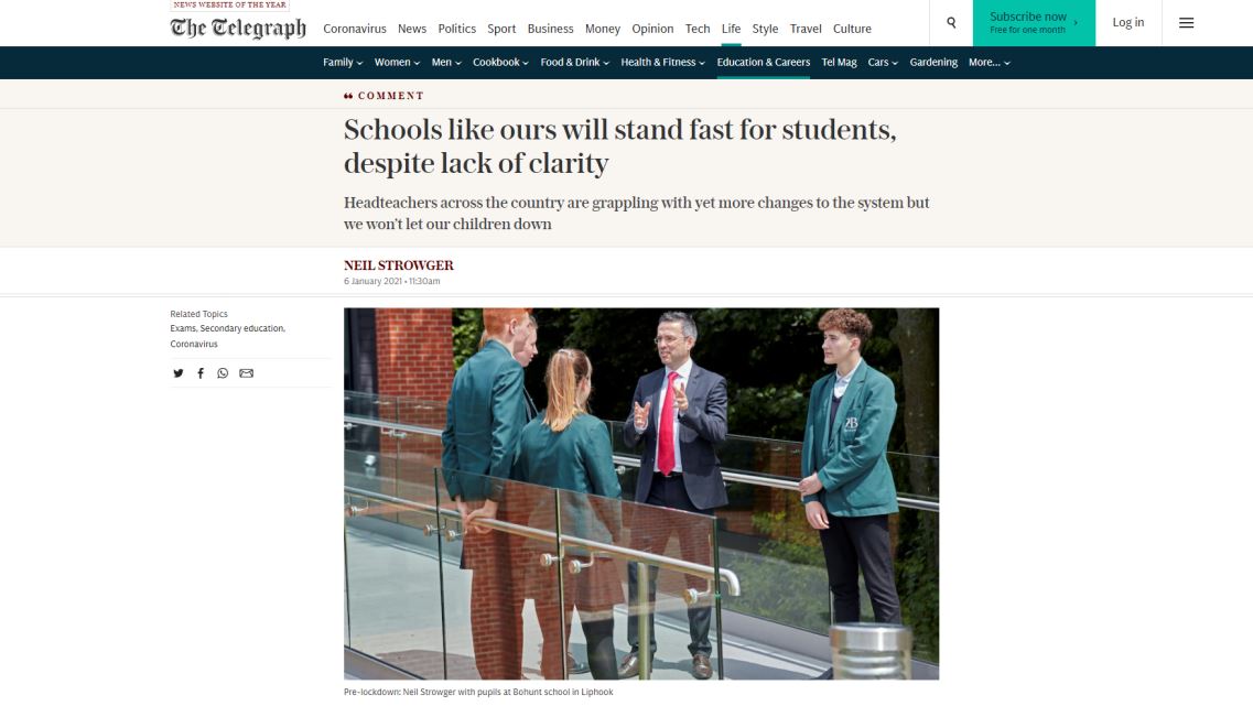BohuntSchool's tweet photo. Headteacher Neil Strowger writes a comment piece for @Telegraph on schools standing fast for students during the #COVID19 pandemic. The full article can be found here: https://t.co/XIvpe2AeWq @bohuntsixth #enjoyrespectachieve https://t.co/tX3BTCTrZy