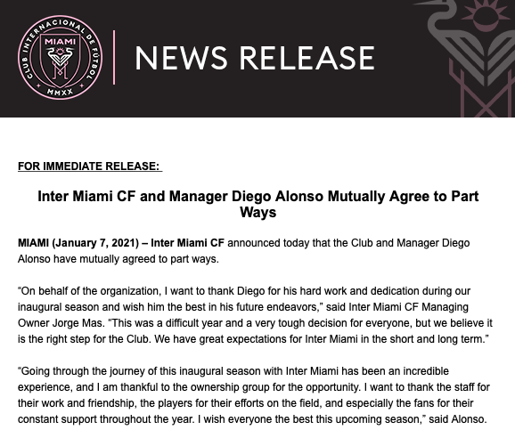 BREAKING: Inter Miami have finally come to their senses and fired coach Diego Alonso.

Let's hope the owners can learn from their mistakes and move this club forward in a better direction in 2021.