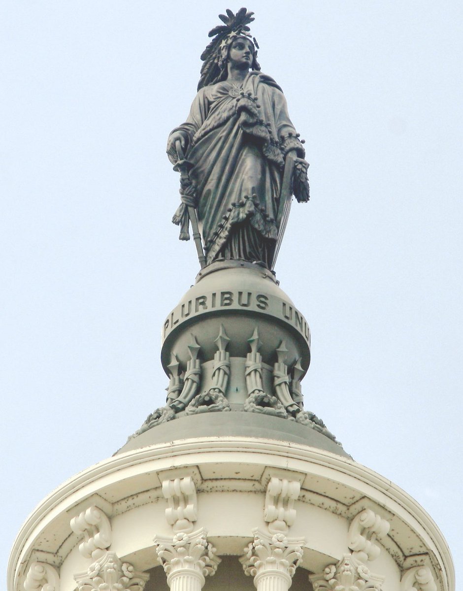 Want to know more about how white supremacy is baked in to the US Capitol Building? Let's think about the statue topping its dome. She symbolizes Freedom... and was made in part by Philip Reed, an enslaved man. (Thread)
