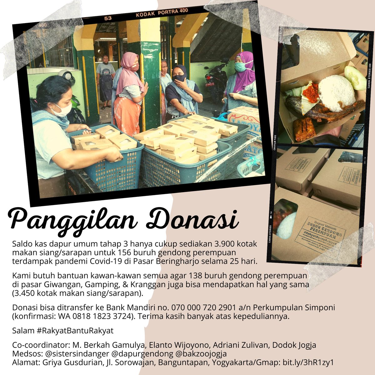 Ulang tahun? Lahiran? Lulus? Nazar? Sedekah? Promosi jabatan?

Traktir 12 ibu/mbah buruh gendong makan siang dengan donasi Rp. 96 ribu yuk.. 

Donasi: wa.me/6281818233724

Apresiasi bagi yang bantu RT 🙏💜 #RakyatBantuRakyat #Covid19