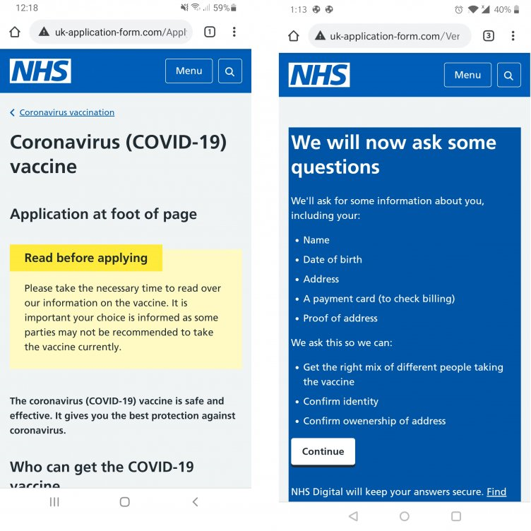 DurhamCouncil's tweet photo. Please be aware of this fake NHS text that has been circulating, advising people that they are eligible for the Covid-19 vaccine. 

The link takes you to a false NHS website that asks for various personal details. 

The NHS will never ask for your bank details. https://t.co/kQYTYnplgW
