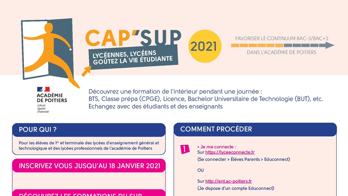 📣Lycéennes, lycéens en 1ere et terminale dans l'<a href="/acpoitiers/">Académie de Poitiers</a> : osez les immersions dans le supérieur avec #capsup ! 
Des établissements du supérieur vous proposent une immersion d'1⃣ jour dans leurs formations

❗️Inscriptions avant le 18 janvier
ℹ️ Infos: ac-poitiers.fr/cid155670/cap-…