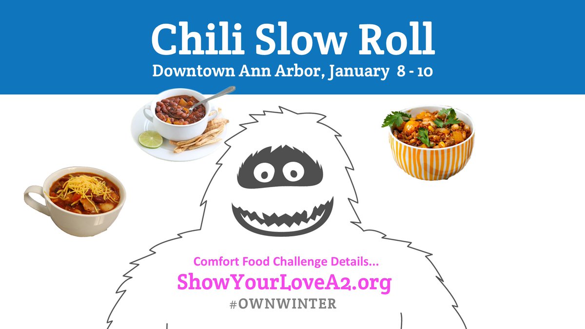 MainStreetAA's tweet photo. Comfort Food Challenge Chili Slow Roll this weekend! @eatannarbor will be making Chipotle Chili con Carne with cornbread croutons & Alex's vegan chili. For details go to https://t.co/ksxEjcATbb
#ownwinter, #showyourlovea2, @allabouta2 @A2DDA @getdowntown @KerrytownA2 https://t.co/xwIr4FIE32