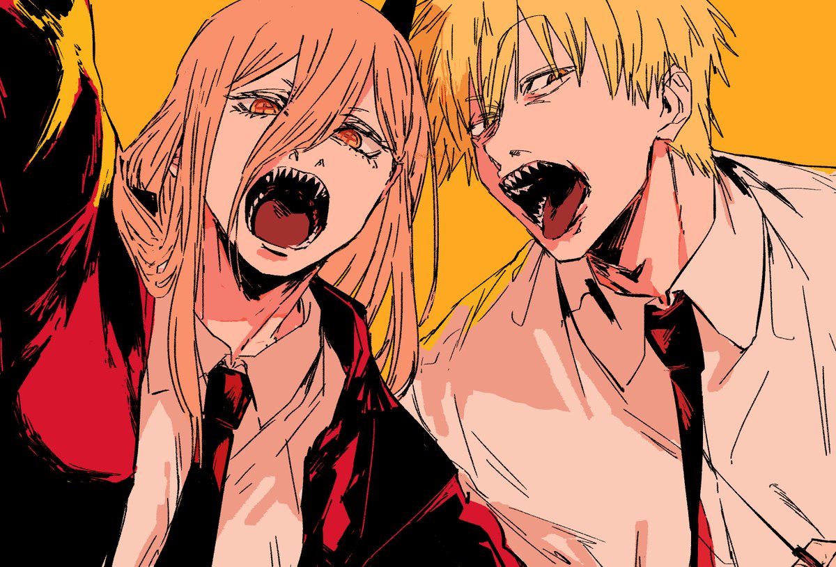 denji (chainsaw man) ,power (chainsaw man) 1girl 1boy necktie sharp teeth tongue shirt blonde hair  illustration images