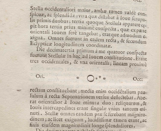 3/On 13 January 1610,  #Galileo eventually observed all four Jupiter's moons at once, for the first time, as they appear in this page of the 'Sidereus Nuncius' in Latin.He originally thought he saw four little stars. #galileogalilei  #galileanmoons