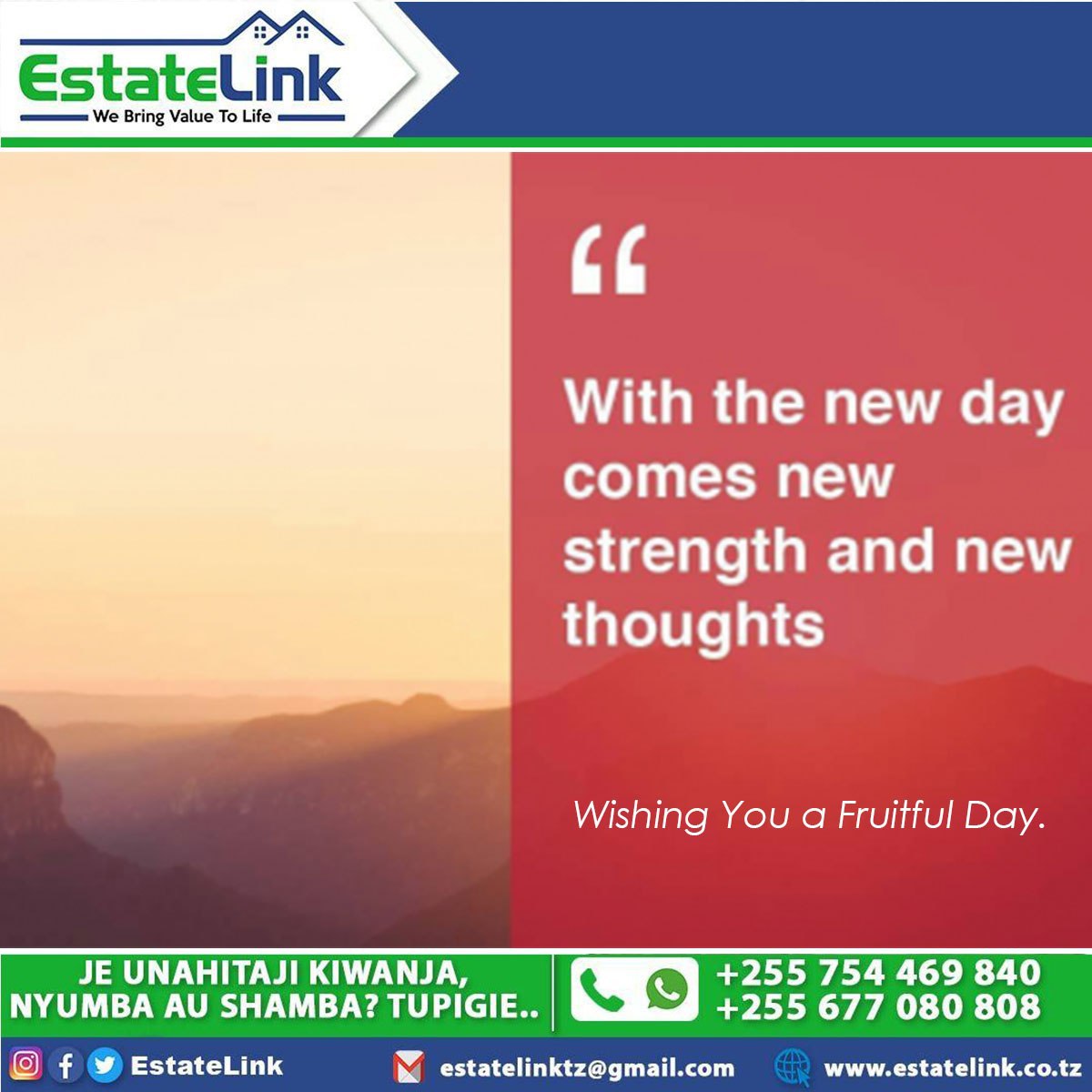 EstateLink1's tweet photo. Wishing you great day

#thursday 
#estatelink
#plotsdodoma
#realestatedodoma
#realestatetanzania https://t.co/sCXNhTsYIu