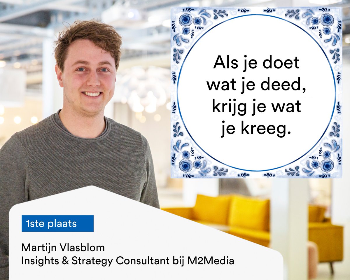 M2Media_More's tweet photo. Een mooie opsteker om het jaar mee te beginnen: Martijn heeft de 1e prijs in de wacht gesleept bij de @mediainformatie quote van het jaar 2020! Zijn favoriete quote kwam van de 39 door mediaprofessionals ingestuurde oneliners als onbetwiste winnaar uit de bus. Good going Martijn! https://t.co/NCOvBFfHAB