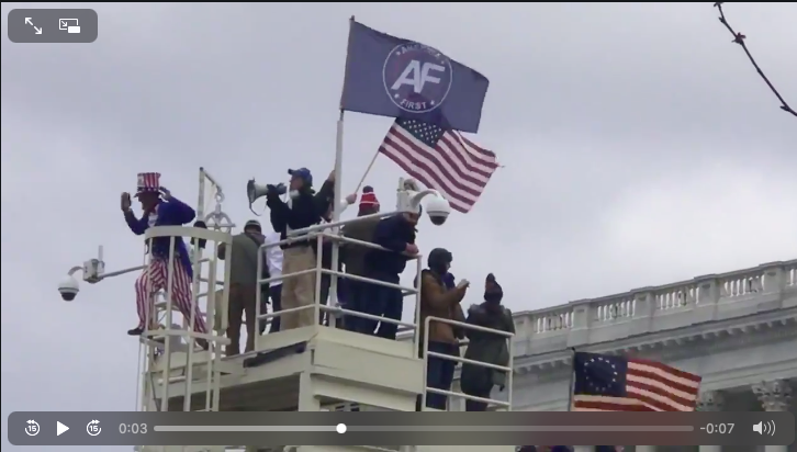 The white nationalist America First/groyper movement, led by Nick Fuentes, was involved in storming the Capitol yesterday, celebrating inside & outside the building. It's long past time to get Nick & the groypers off  @Twitter &  @OfficialDLive where they spread & profit from hate