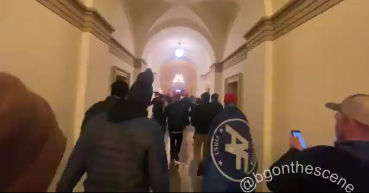 The white nationalist America First/groyper movement, led by Nick Fuentes, was involved in storming the Capitol yesterday, celebrating inside & outside the building. It's long past time to get Nick & the groypers off  @Twitter &  @OfficialDLive where they spread & profit from hate